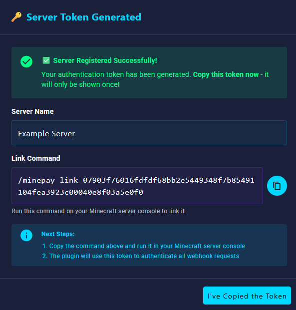 Running the MinePay link command in-game